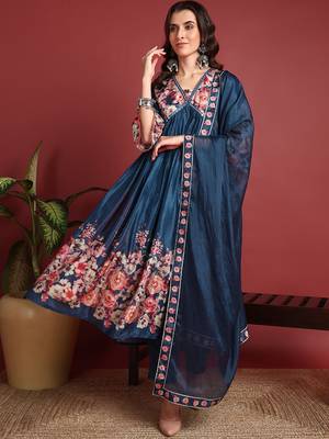 Ahika women blue silk blend floral printed a-line kurta trouser with dupatta 1