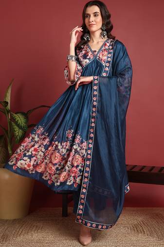 Ahika women blue silk blend floral printed a-line kurta trouser with dupatta