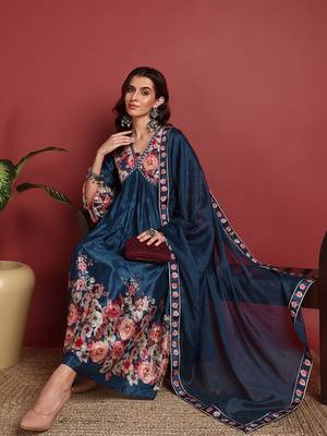 Ahika women blue silk blend floral printed a-line kurta trouser with dupatta 2