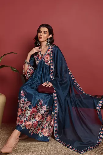 Ahika women blue silk blend floral printed a-line kurta trouser with dupatta