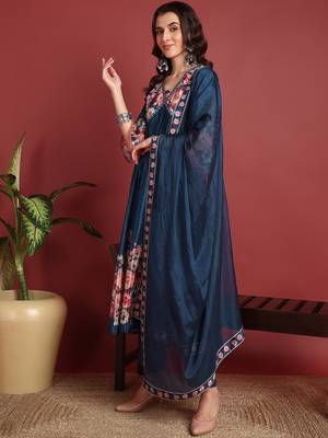 Ahika women blue silk blend floral printed a-line kurta trouser with dupatta 3