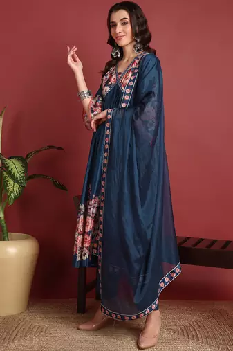 Ahika women blue silk blend floral printed a-line kurta trouser with dupatta