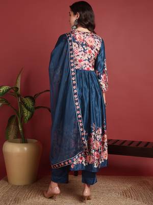 Ahika women blue silk blend floral printed a-line kurta trouser with dupatta 4