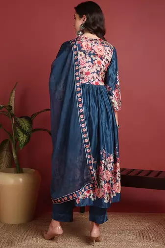 Ahika women blue silk blend floral printed a-line kurta trouser with dupatta