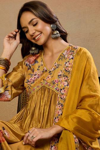 mustard silk blend floral printed a-line kurta trouser with dupatta