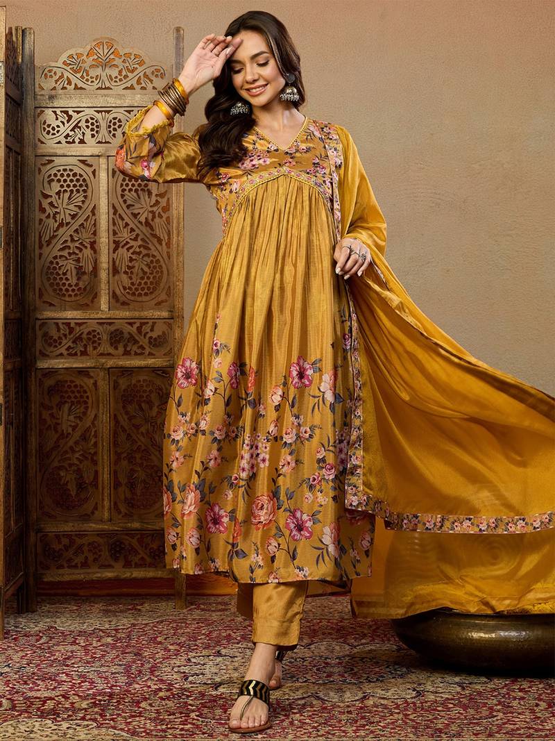 mustard silk blend floral printed a-line kurta trouser with dupatta