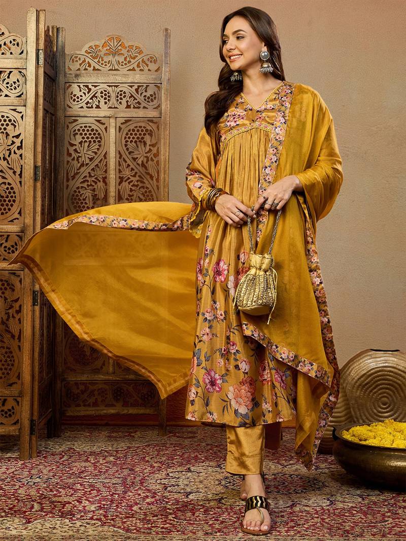 mustard silk blend floral printed a-line kurta trouser with dupatta