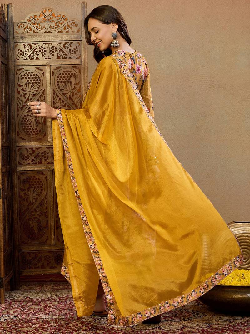 mustard silk blend floral printed a-line kurta trouser with dupatta