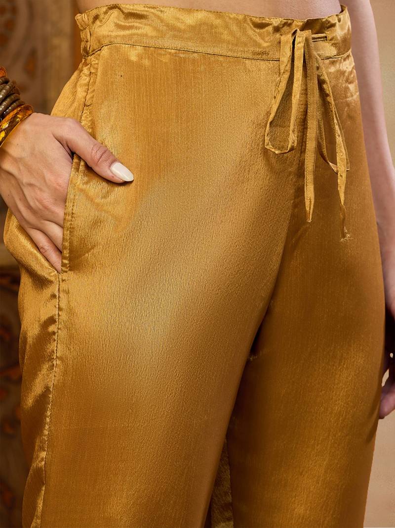 mustard silk blend floral printed a-line kurta trouser with dupatta