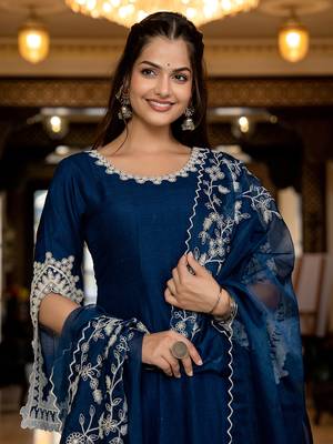 women blue silk blend solid embroidered anarkali kurta palazzo with dupatta 1