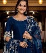 women blue silk blend solid embroidered anarkali kurta palazzo with dupatta