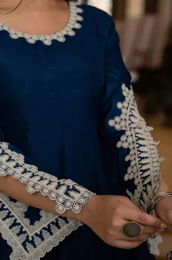 women blue silk blend solid embroidered anarkali kurta palazzo with dupatta