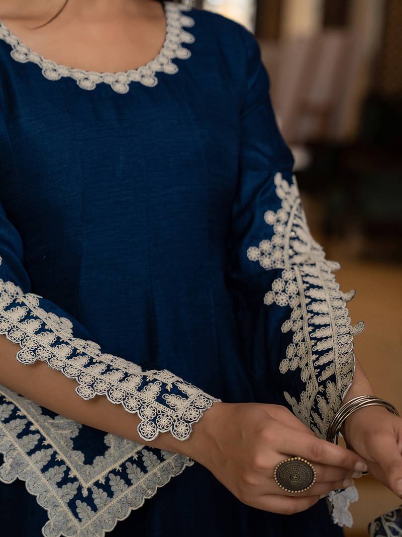 women blue silk blend solid embroidered anarkali kurta palazzo with dupatta