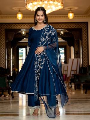 women blue silk blend solid embroidered anarkali kurta palazzo with dupatta 3