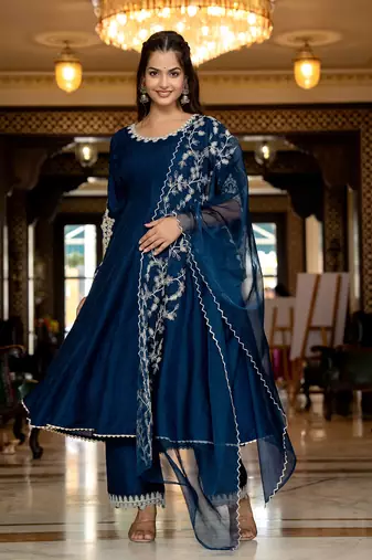 women blue silk blend solid embroidered anarkali kurta palazzo with dupatta