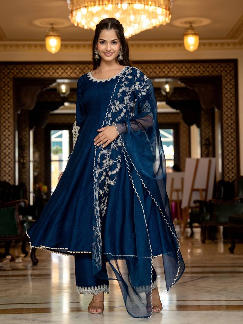 women blue silk blend solid embroidered anarkali kurta palazzo with dupatta
