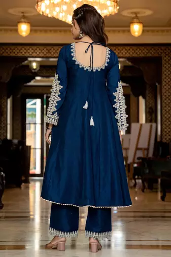 women blue silk blend solid embroidered anarkali kurta palazzo with dupatta