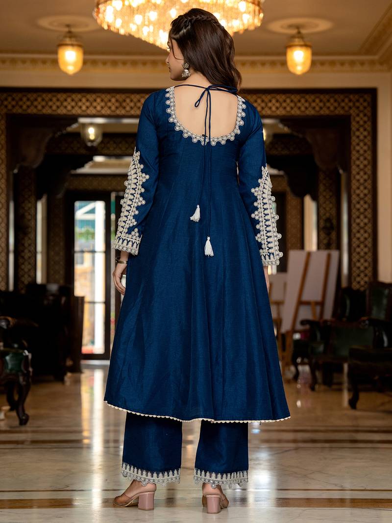 women blue silk blend solid embroidered anarkali kurta palazzo with dupatta