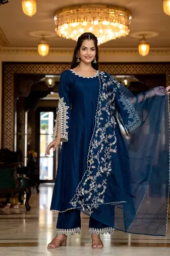 women blue silk blend solid embroidered anarkali kurta palazzo with dupatta