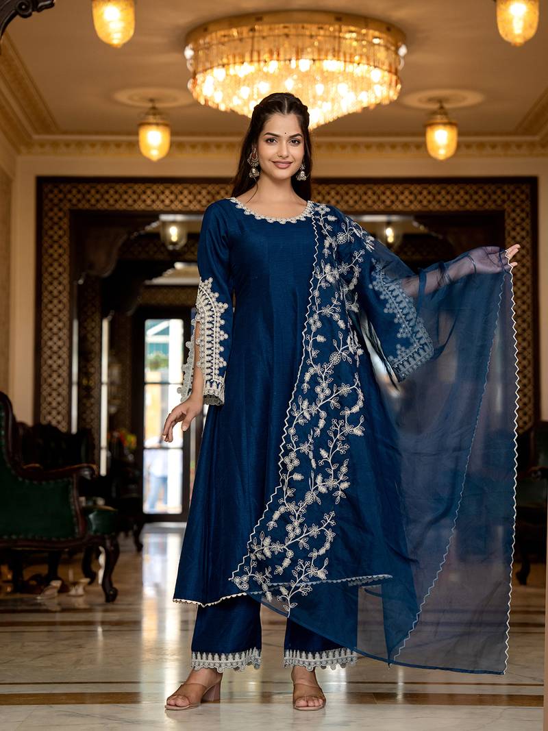 women blue silk blend solid embroidered anarkali kurta palazzo with dupatta