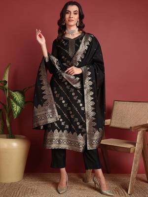 women black silk blend ethnic motifs woven design straight kurta trouser with dupatta 1