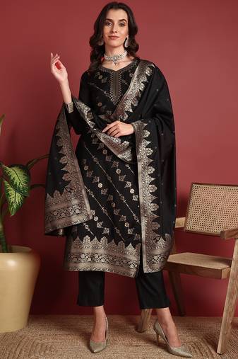 women black silk blend ethnic motifs woven design straight kurta trouser with dupatta