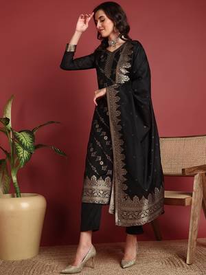 women black silk blend ethnic motifs woven design straight kurta trouser with dupatta 2