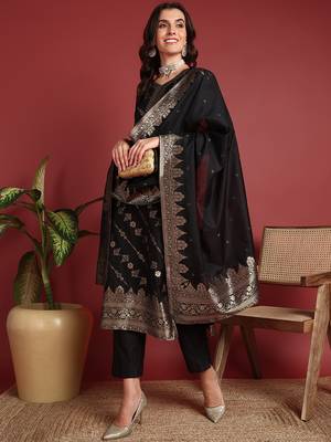 women black silk blend ethnic motifs woven design straight kurta trouser with dupatta 3
