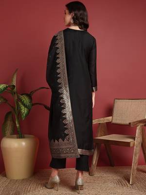 women black silk blend ethnic motifs woven design straight kurta trouser with dupatta 4