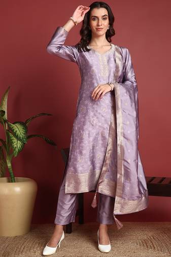 women lavender silk blend ethnic motifs woven design straight kurta trouser with dupatta