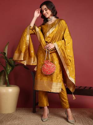 Mustard Silk Blend Zari Woven Salwar Kameeez 1