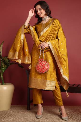 Mustard Silk Blend Zari Woven Salwar Kameeez