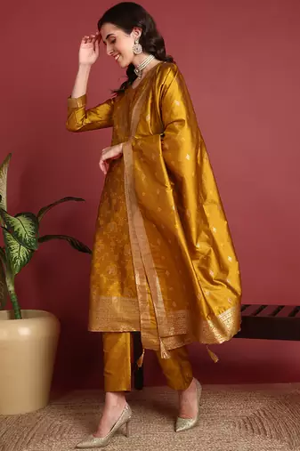 Mustard Silk Blend Zari Woven Salwar Kameeez