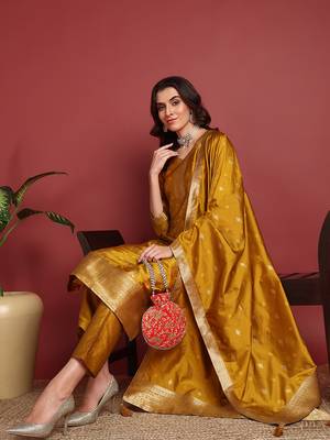 Mustard Silk Blend Zari Woven Salwar Kameeez 3