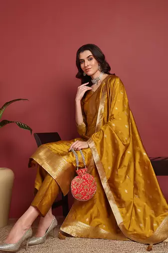 Mustard Silk Blend Zari Woven Salwar Kameeez
