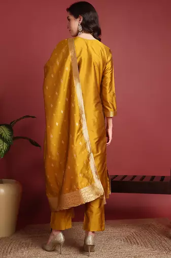 Mustard Silk Blend Zari Woven Salwar Kameeez
