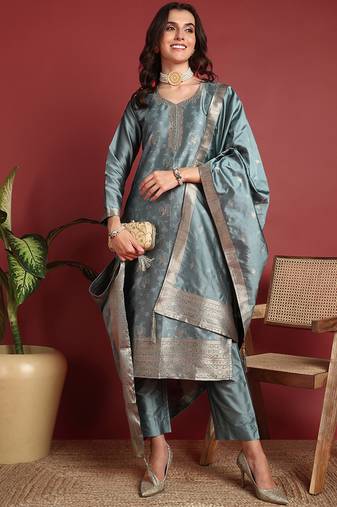 Grey Silk Blend Printed Salwar Suit 