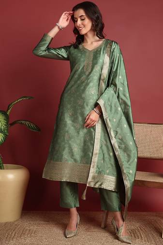 women green silk blend ethnic motifs woven design straight kurta trouser with dupatta