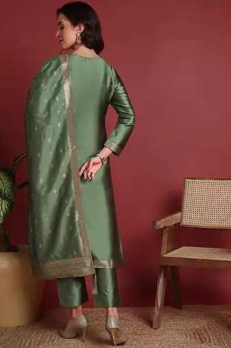women green silk blend ethnic motifs woven design straight kurta trouser with dupatta