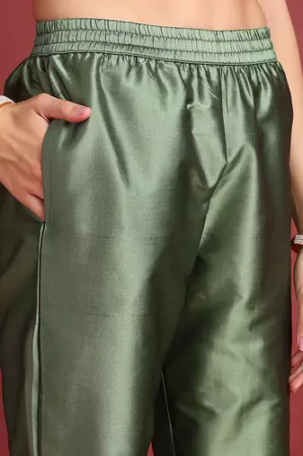 women green silk blend ethnic motifs woven design straight kurta trouser with dupatta
