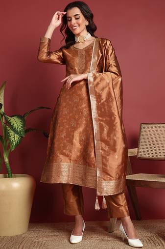 women brown silk blend ethnic motifs woven design straight kurta trouser with dupatta