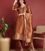 women brown silk blend ethnic motifs woven design straight kurta trouser with dupatta