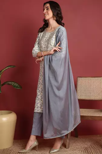 Grey Viscose Embroidered Kurti for Women