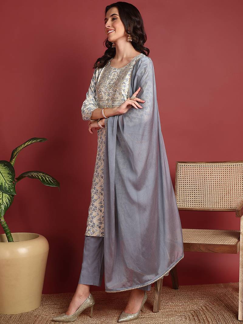 Grey Viscose Embroidered Kurti for Women