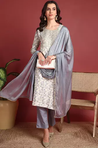 Grey Viscose Embroidered Kurti for Women