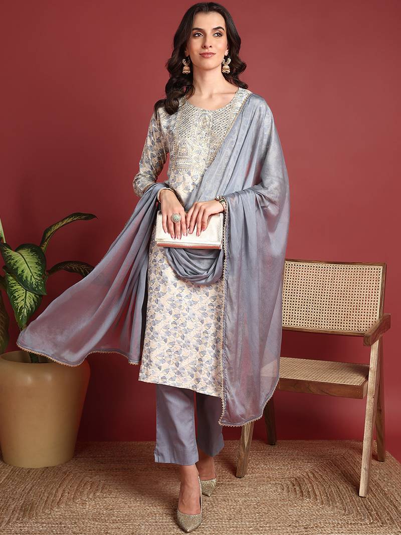 Grey Viscose Embroidered Kurti for Women