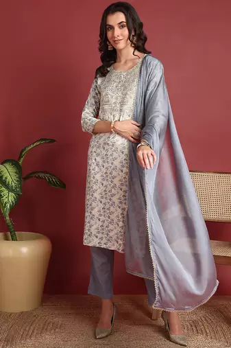 Grey Viscose Embroidered Kurti for Women