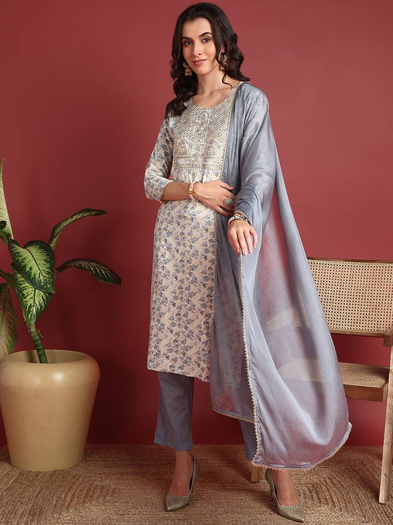 Grey Viscose Embroidered Kurti for Women