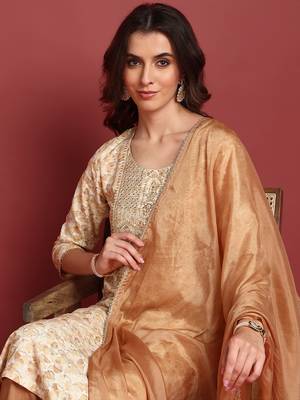 women brown viscose rayon abstract embroidered straight kurta trouser with dupatta 1