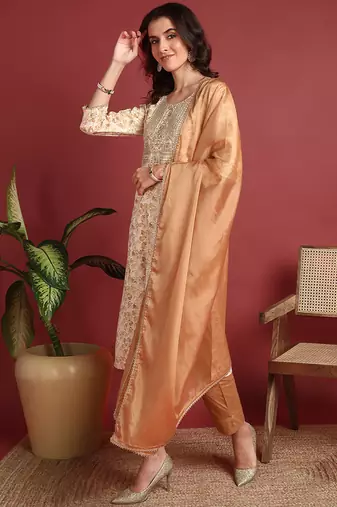 women brown viscose rayon abstract embroidered straight kurta trouser with dupatta